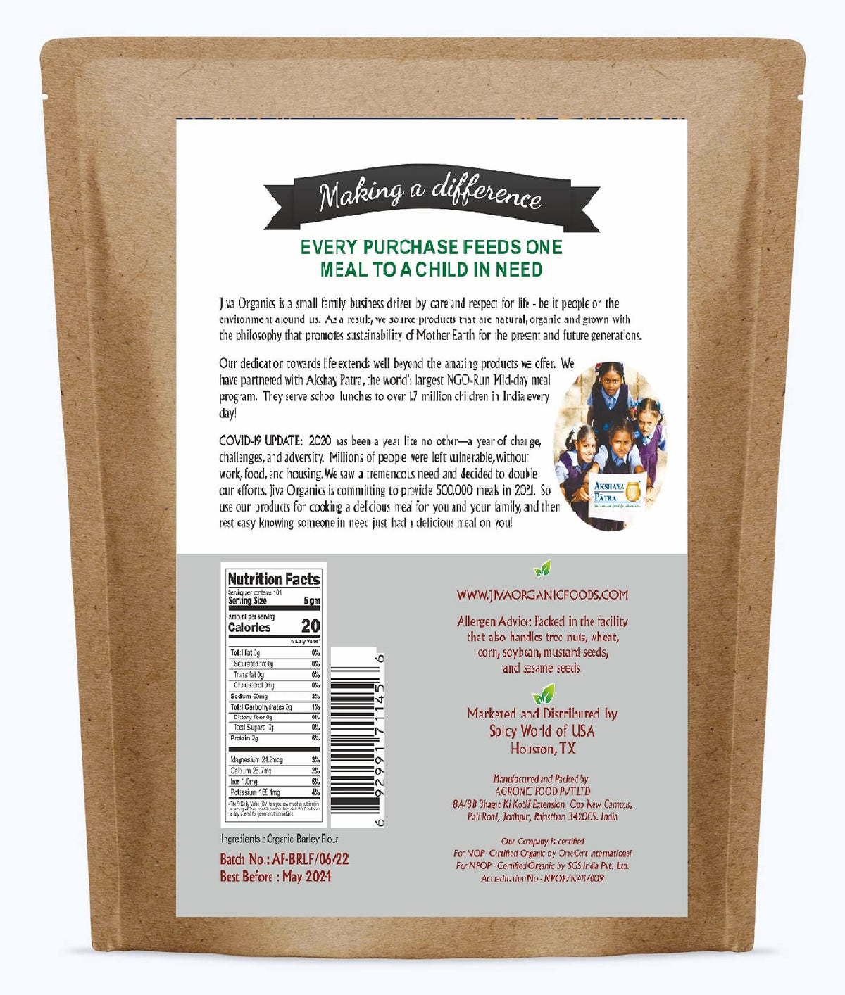 Jiva Organics barley flour stored with staples supporting pantry organization.