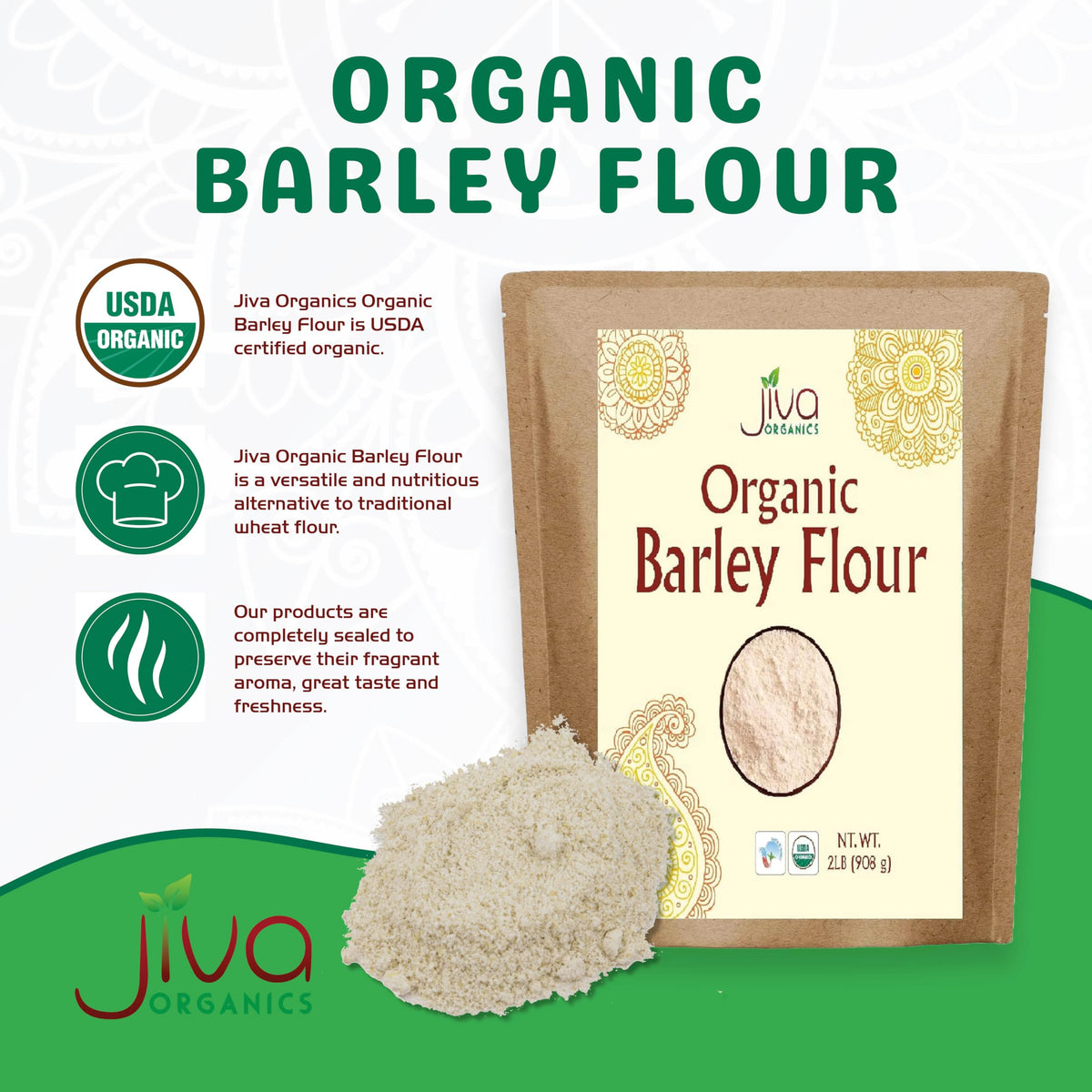 Jiva Organics barley flour in mixing bowl shows versatile baking blends.