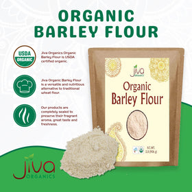Jiva Organics barley flour in mixing bowl shows versatile baking blends.