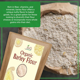 Jiva Organics barley flour label highlights organic certification and trusted quality.