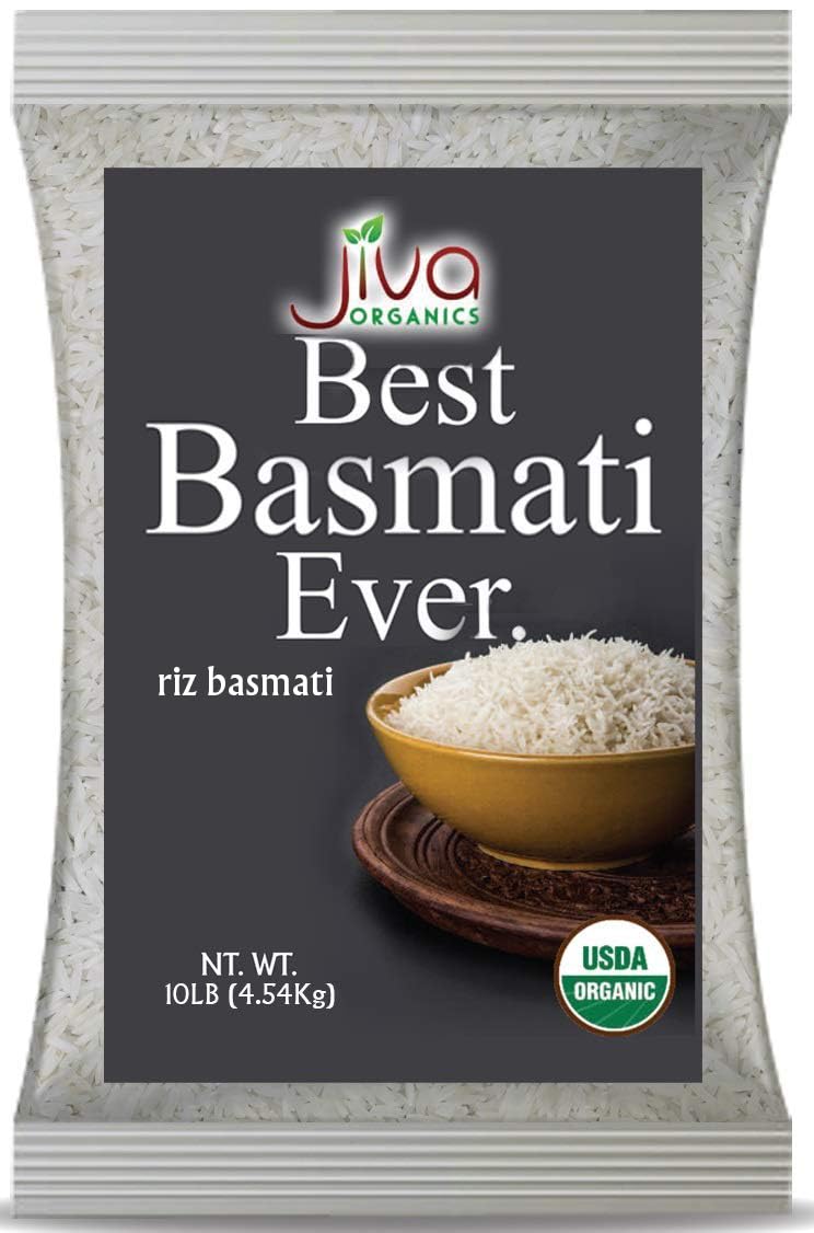 Jiva Organics Basmati Rice 10lb bag front view, premium organic rice for family meals