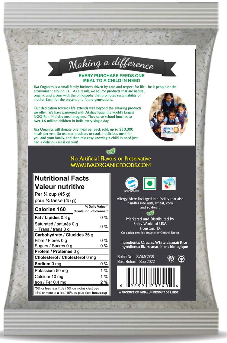 Jiva Organics Basmati Rice 10lb vacuum-sealed bag preserves purity and freshness
