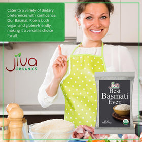 Jiva Organics Basmati Rice measuring cup scene shows easy portioning