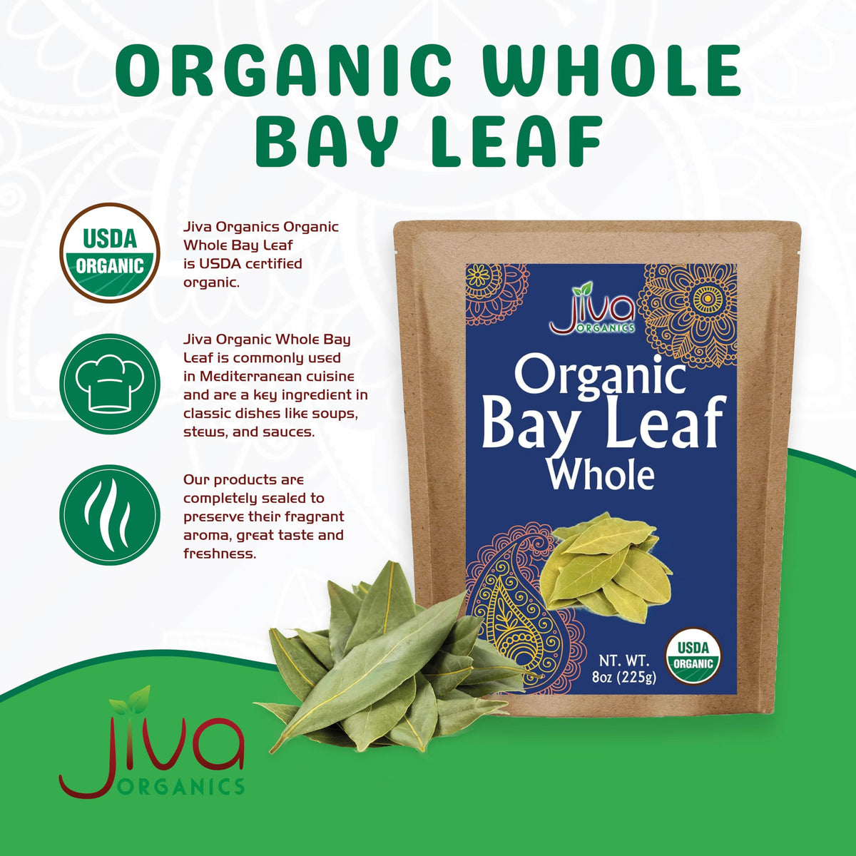 Jiva Organics bay leaves closeup aroma enhances simmered sauces.