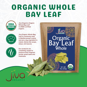 Jiva Organics bay leaves closeup aroma enhances simmered sauces.