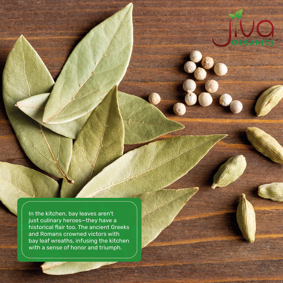 Jiva Organics bay leaves from India, traditional flavor base.