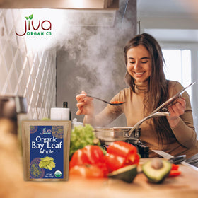 Jiva Organics bay leaves resealable Kraft bag for easy storage.