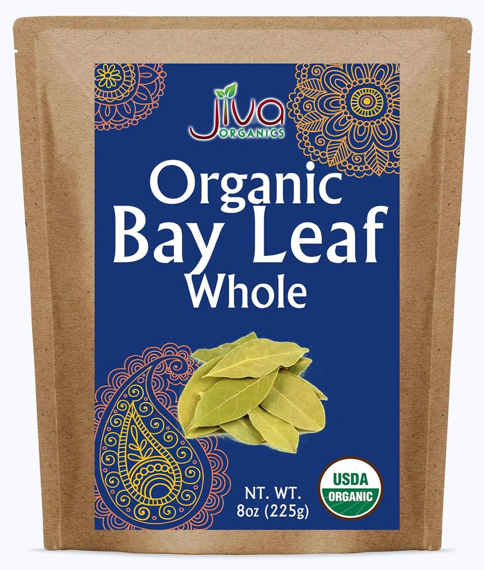 Jiva Organics bay leaves, whole bulk bag, ideal for stocks and stews.