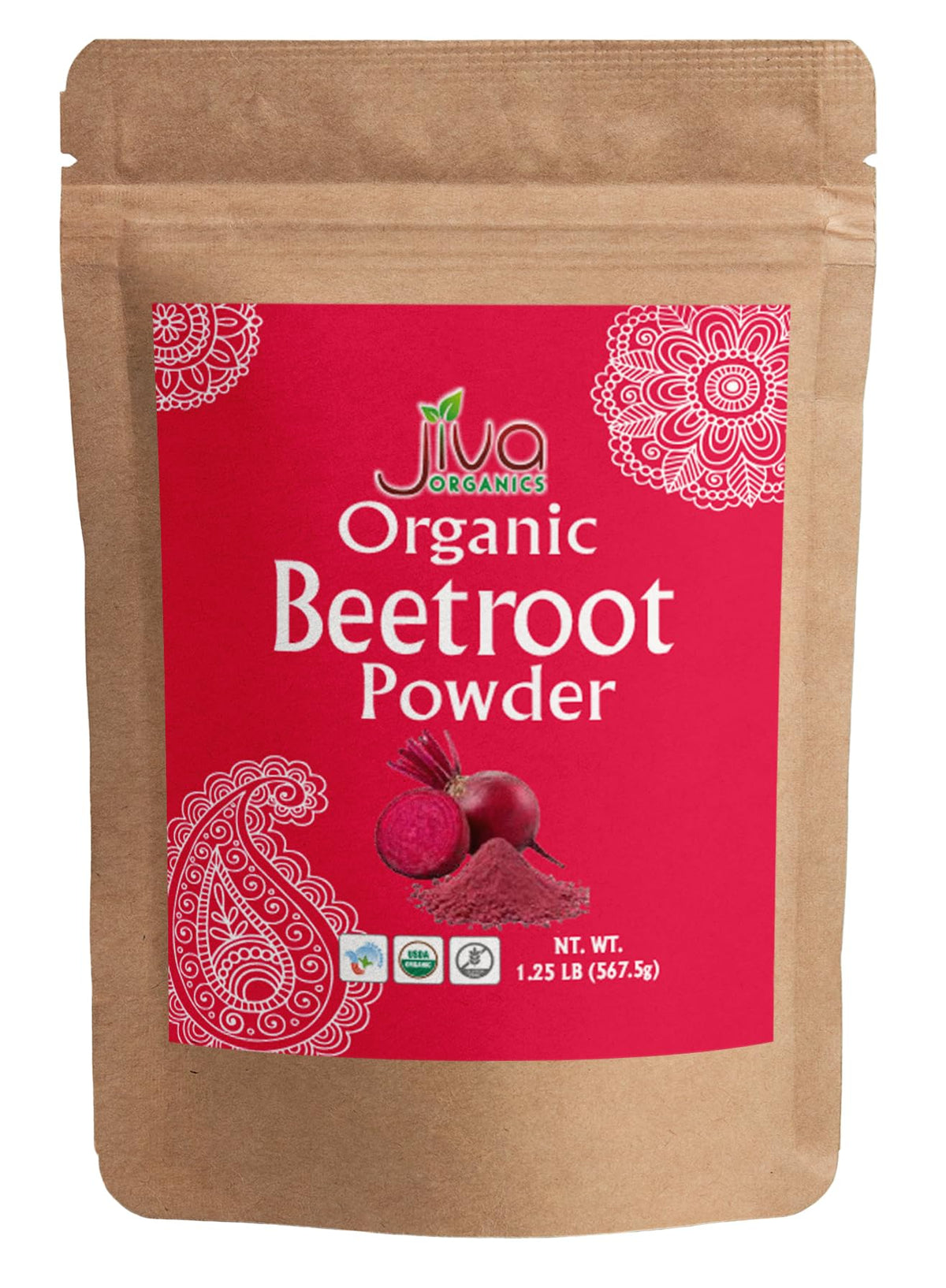 Jiva Organics beet root powder bulk bag close-up for baking and smoothies