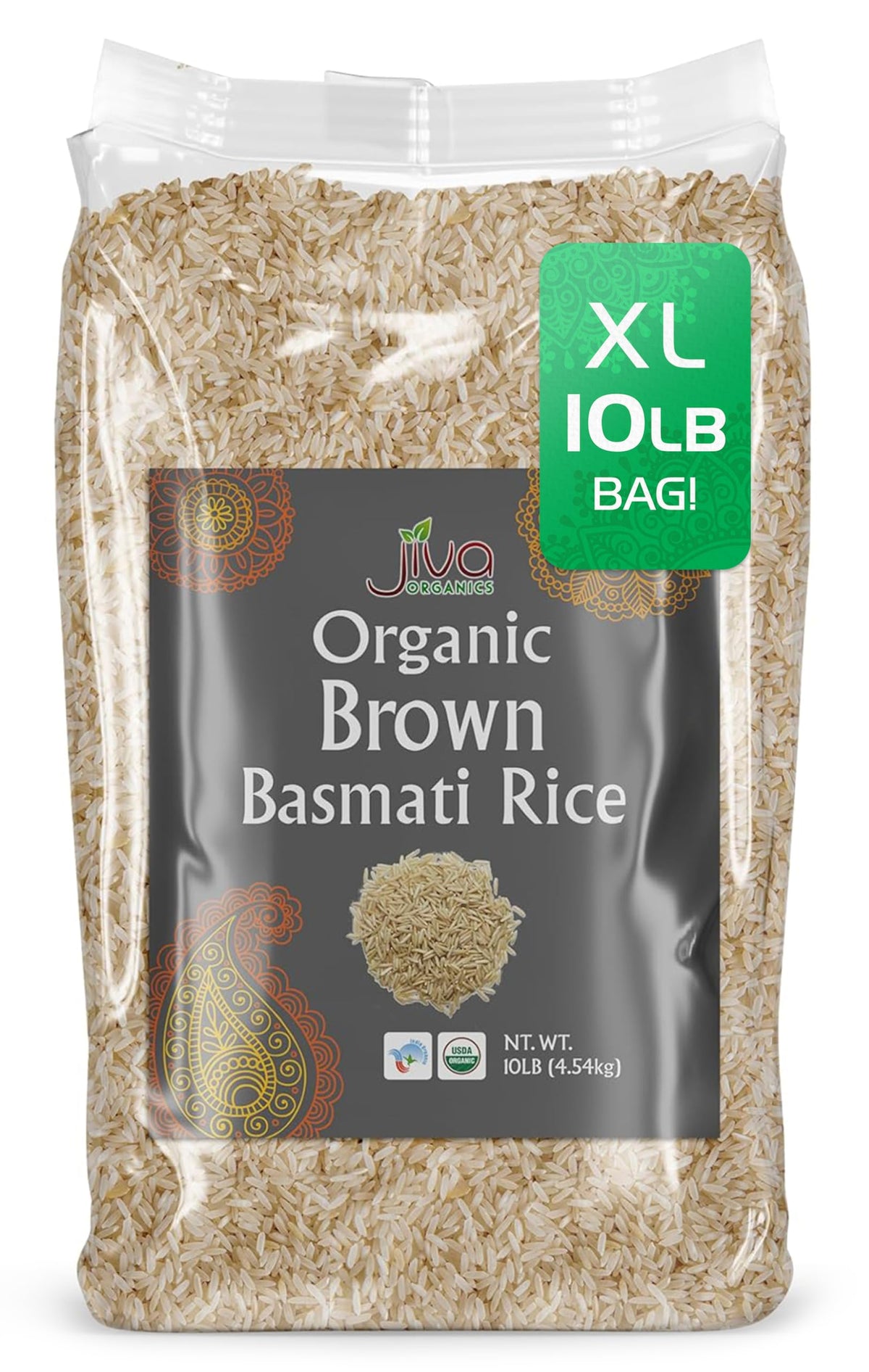Jiva Organics Brown Basmati Rice bag shows long fluffy grains for airy dishes.