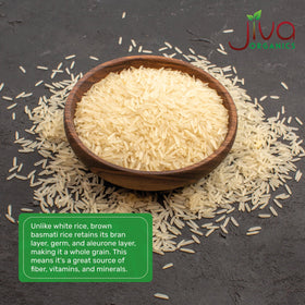 Jiva Organics Brown Basmati Rice long grain profile in pilaf and biryani.