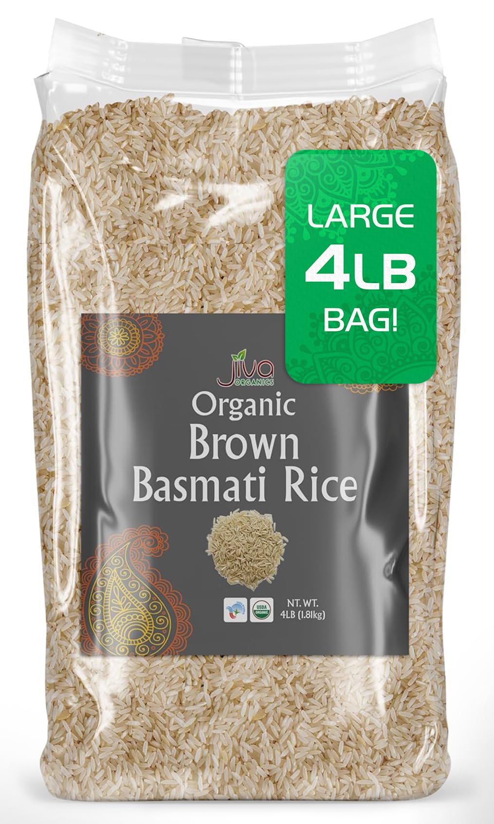 Jiva Organics Brown Basmati Rice packaging 4lb showcases purity and value