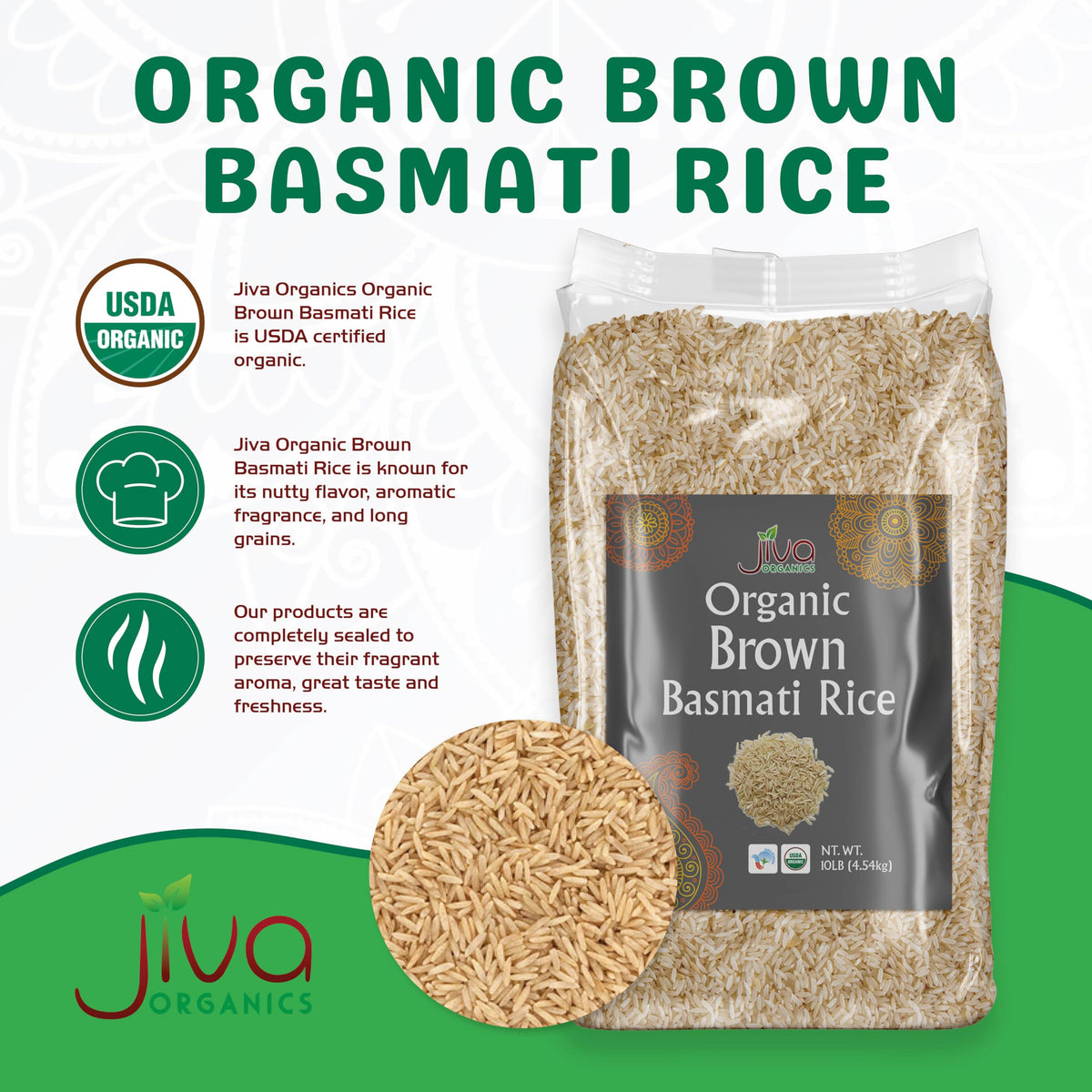 Jiva Organics Brown Basmati Rice raw grains ready for rinsing before cooking.