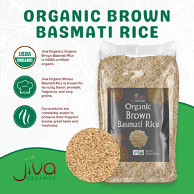 Jiva Organics Brown Basmati Rice raw grains ready for rinsing before cooking.