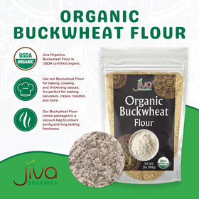 Jiva Organics Buckwheat Flour (Dark) being poured for batter.
