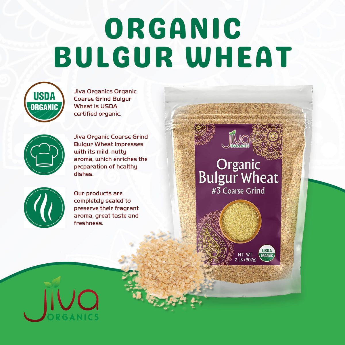 Jiva Organics bulgur bag back with quick cook instructions for consistent texture.