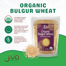 Jiva Organics bulgur bag back with quick cook instructions for consistent texture.