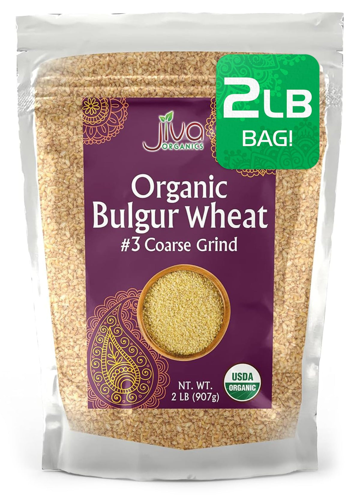 Jiva Organics bulgur bag front showing organic, non-GMO quality for quick meals.