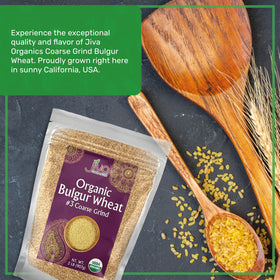 Jiva Organics bulgur grains in a bowl ready to absorb flavors for pilafs.