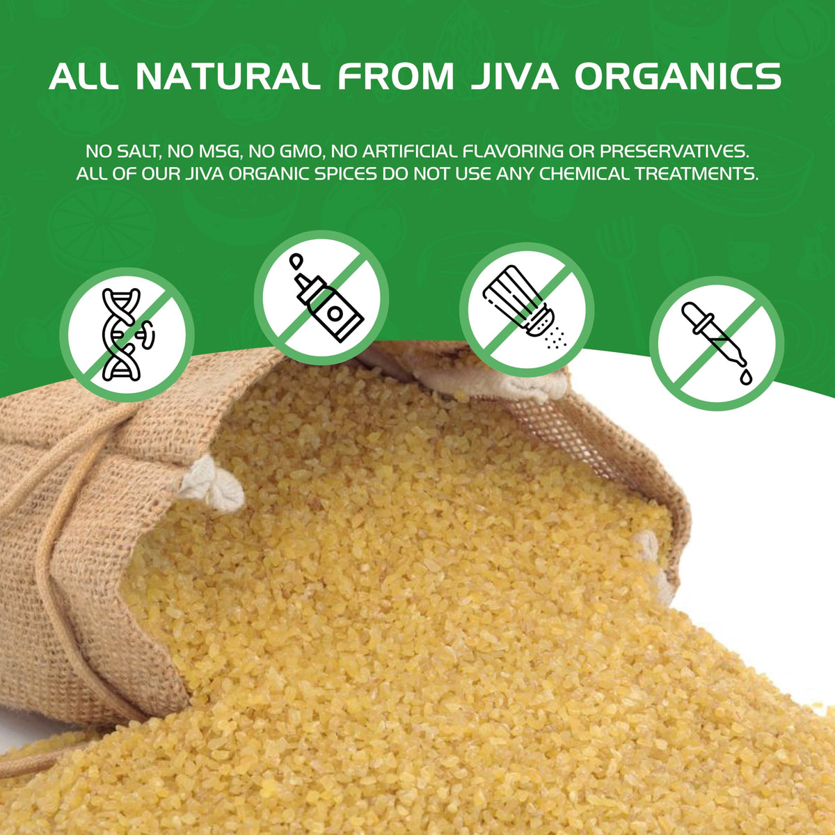 Jiva Organics Non-GMO Organic tag signals clean grain.