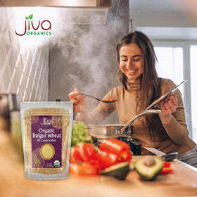 Jiva Organics bulgur resealable bag preserves freshness after opening.