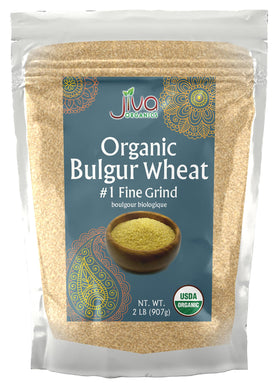 Jiva Organics bulgur wheat fine bag front label showing organic, convenient pantry staple