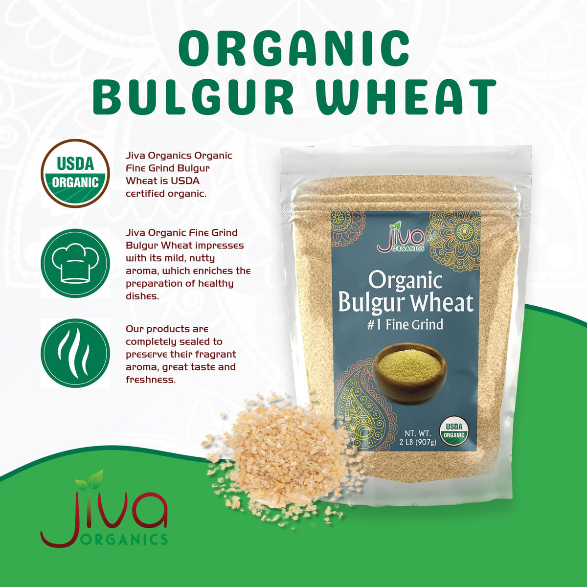 Jiva Organics bulgur wheat fine close-up grain shows uniform size