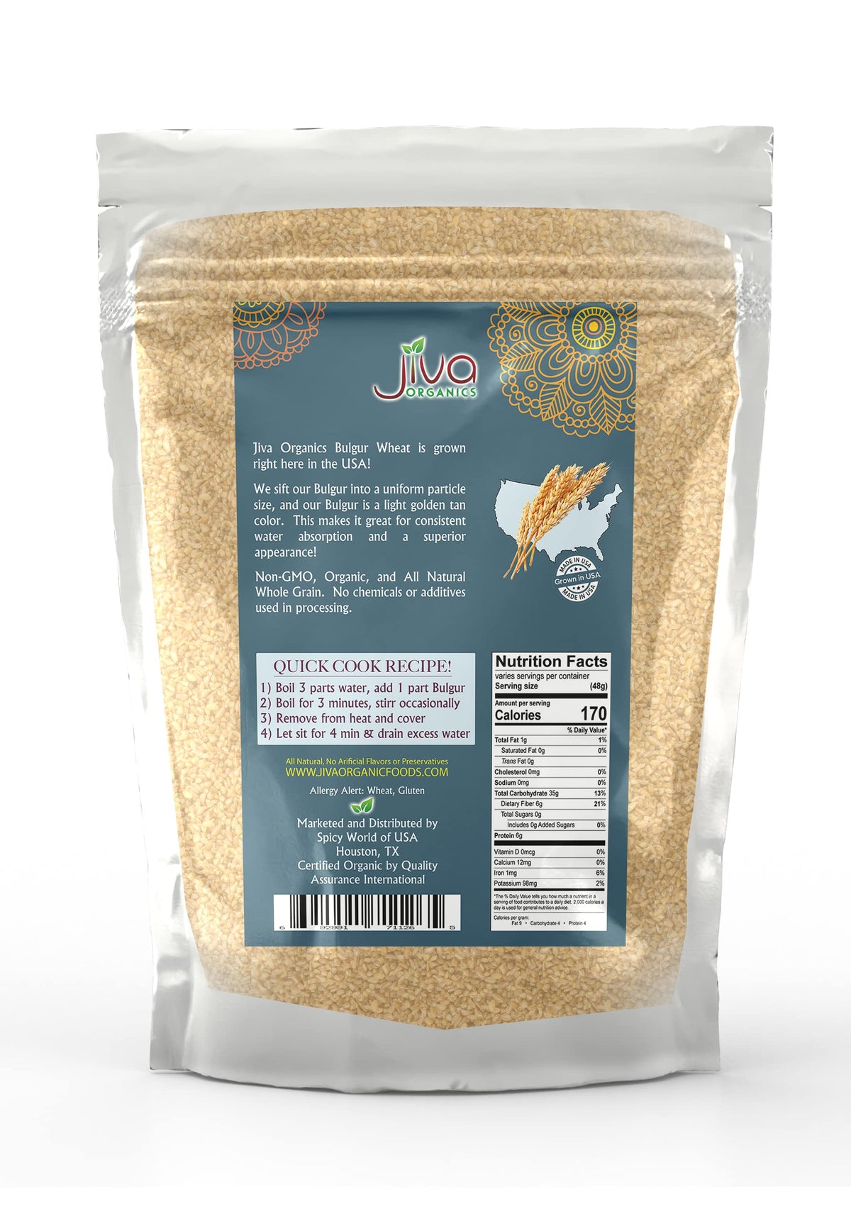 Jiva Organics bulgur wheat fine non-GMO label on packaging
