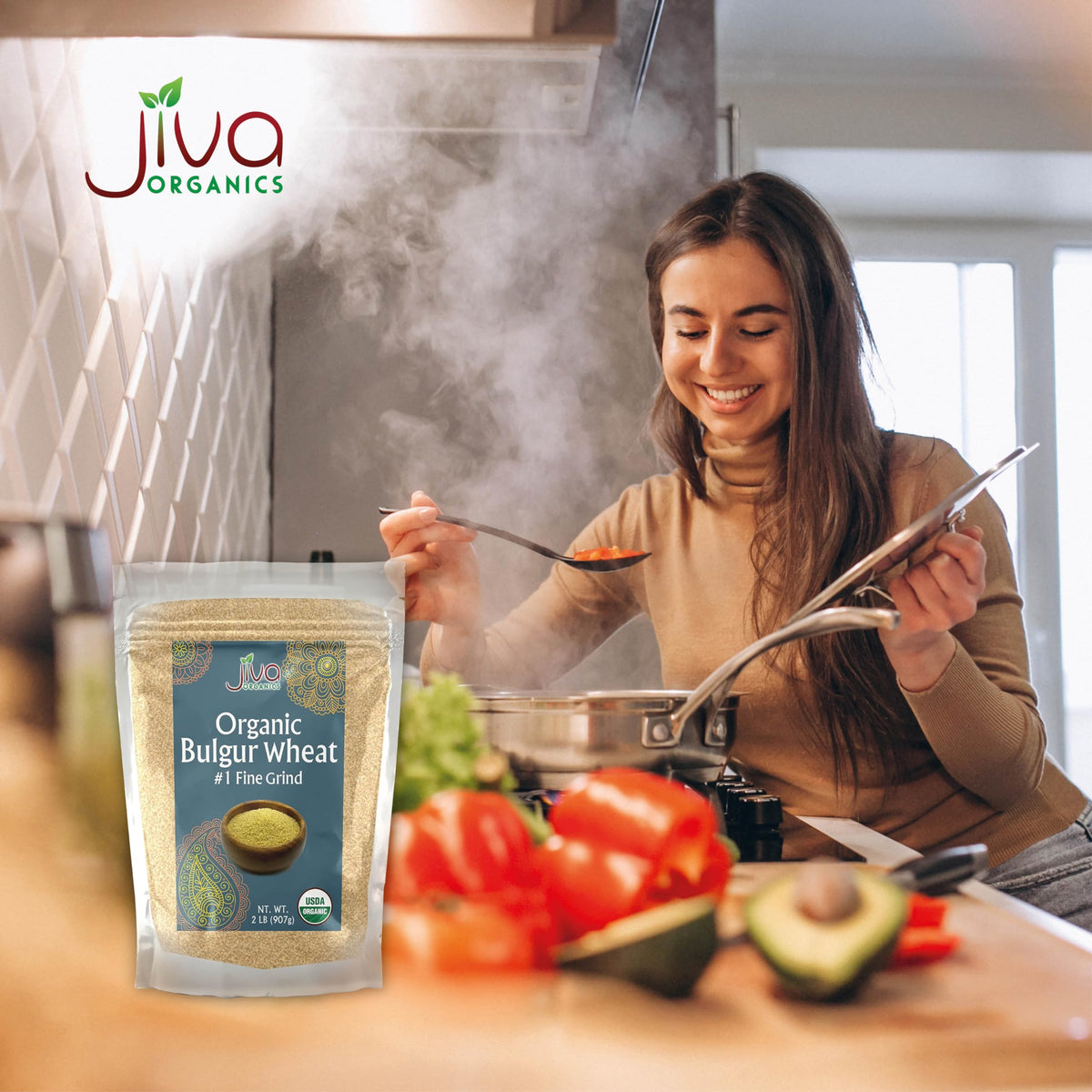 Jiva Organics bulgur wheat fine packaging highlights non-GMO and organic