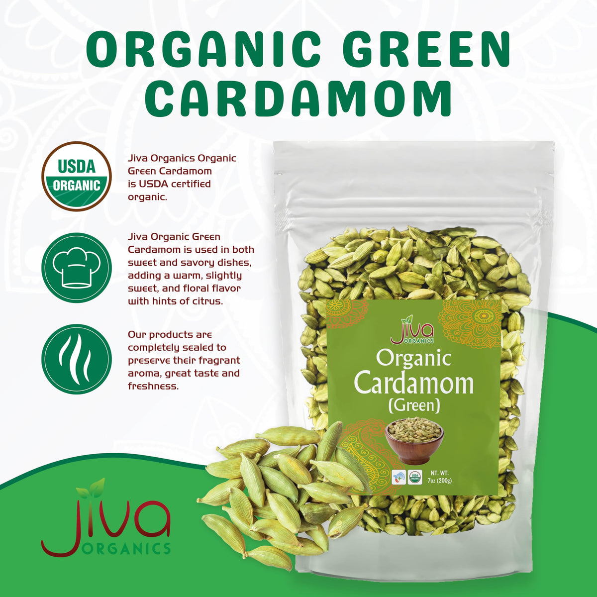 Jiva Organics cardamom pods close-up showing vibrant green shells for fresh flavor.