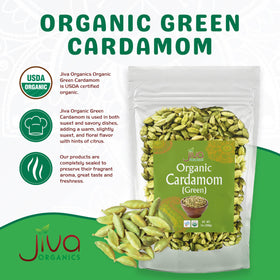 Jiva Organics cardamom pods close-up showing vibrant green shells for fresh flavor.
