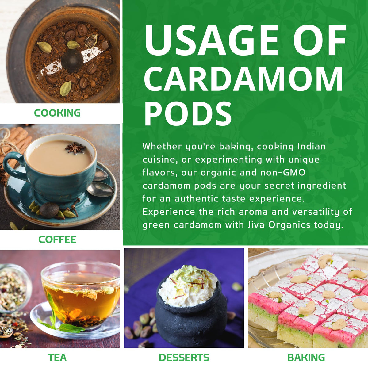 Jiva Organics whole cardamom pods ideal for tea, coffee, and desserts