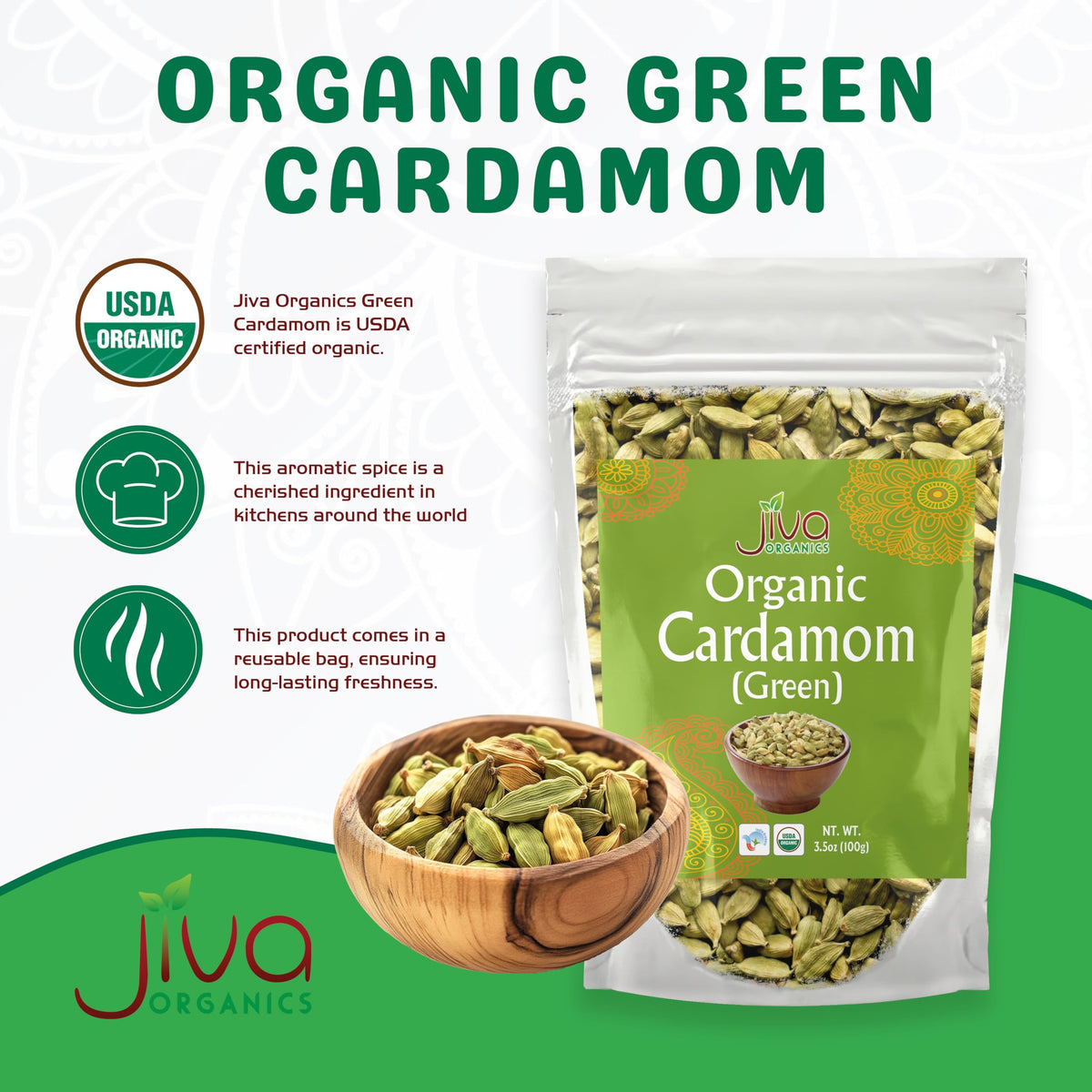 Closeup of Jiva Organics Grade A cardamom pods showing vibrant color and aroma