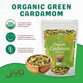 Closeup of Jiva Organics Grade A cardamom pods showing vibrant color and aroma
