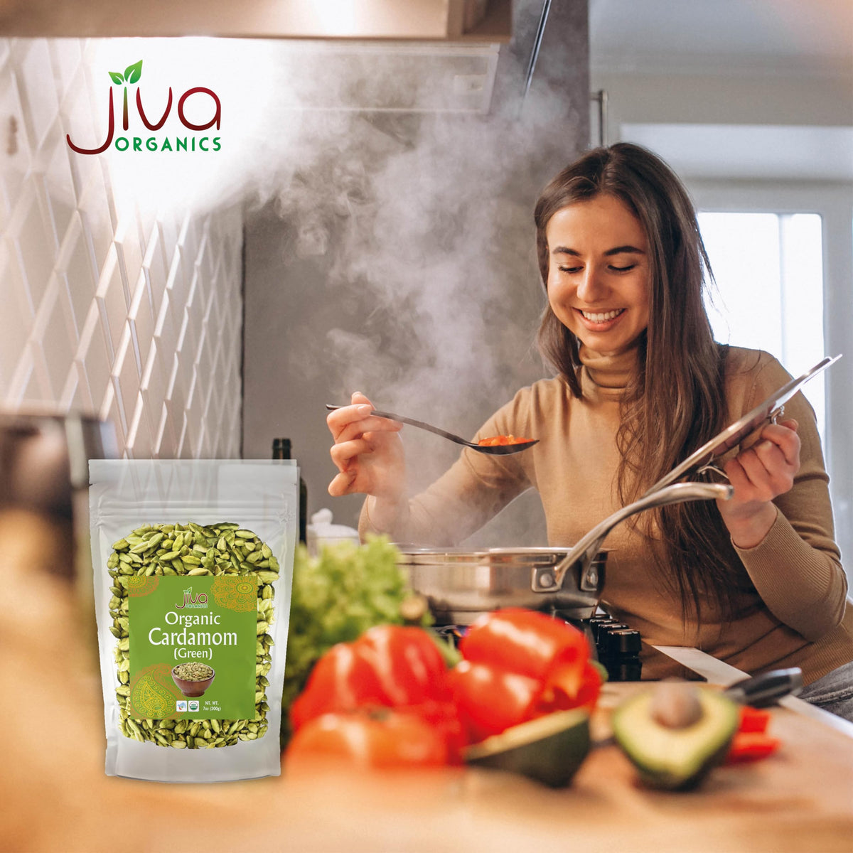 Jiva Organics cardamom pods package highlighting USDA Organic certification.