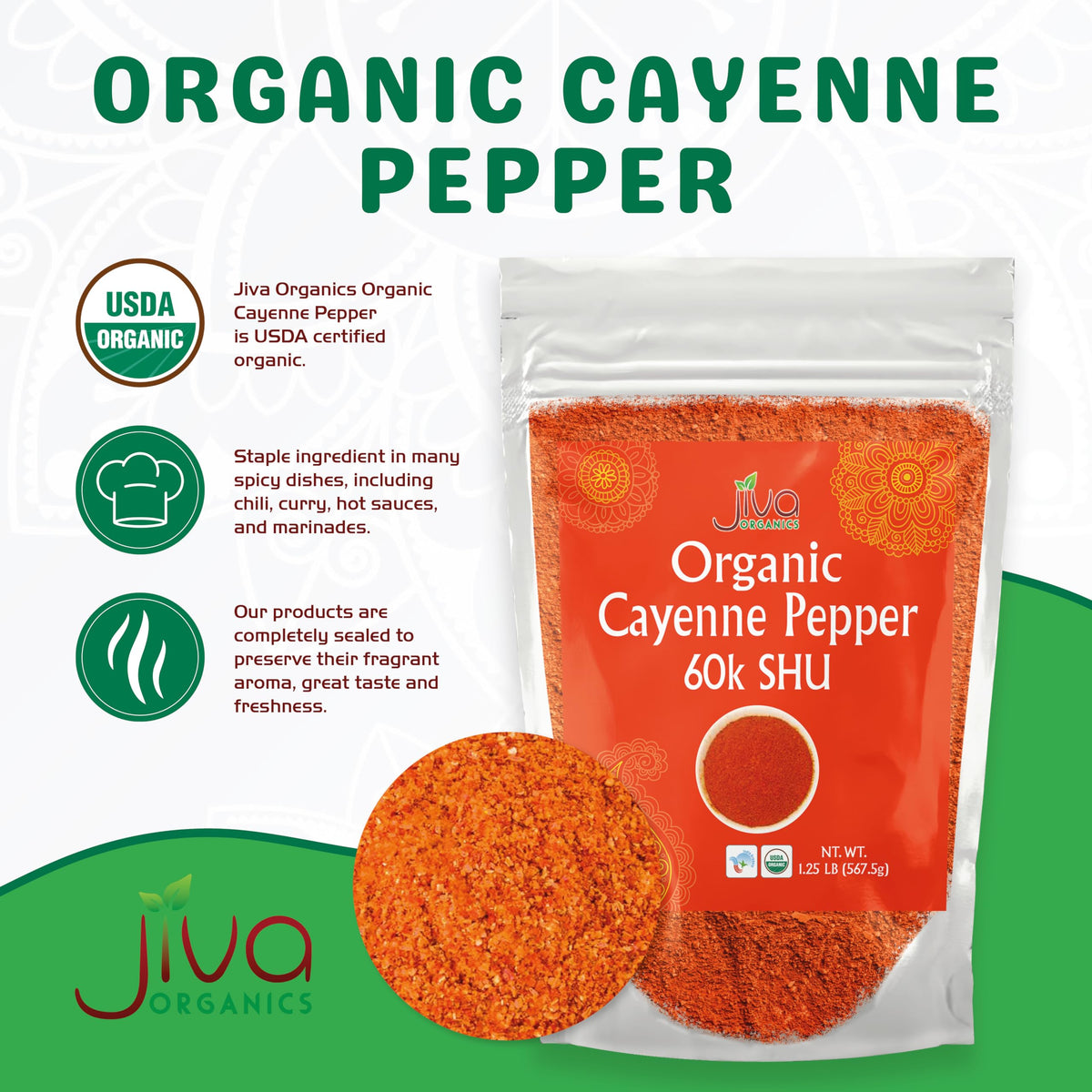 Jiva Organics cayenne powder texture close-up for even seasoning