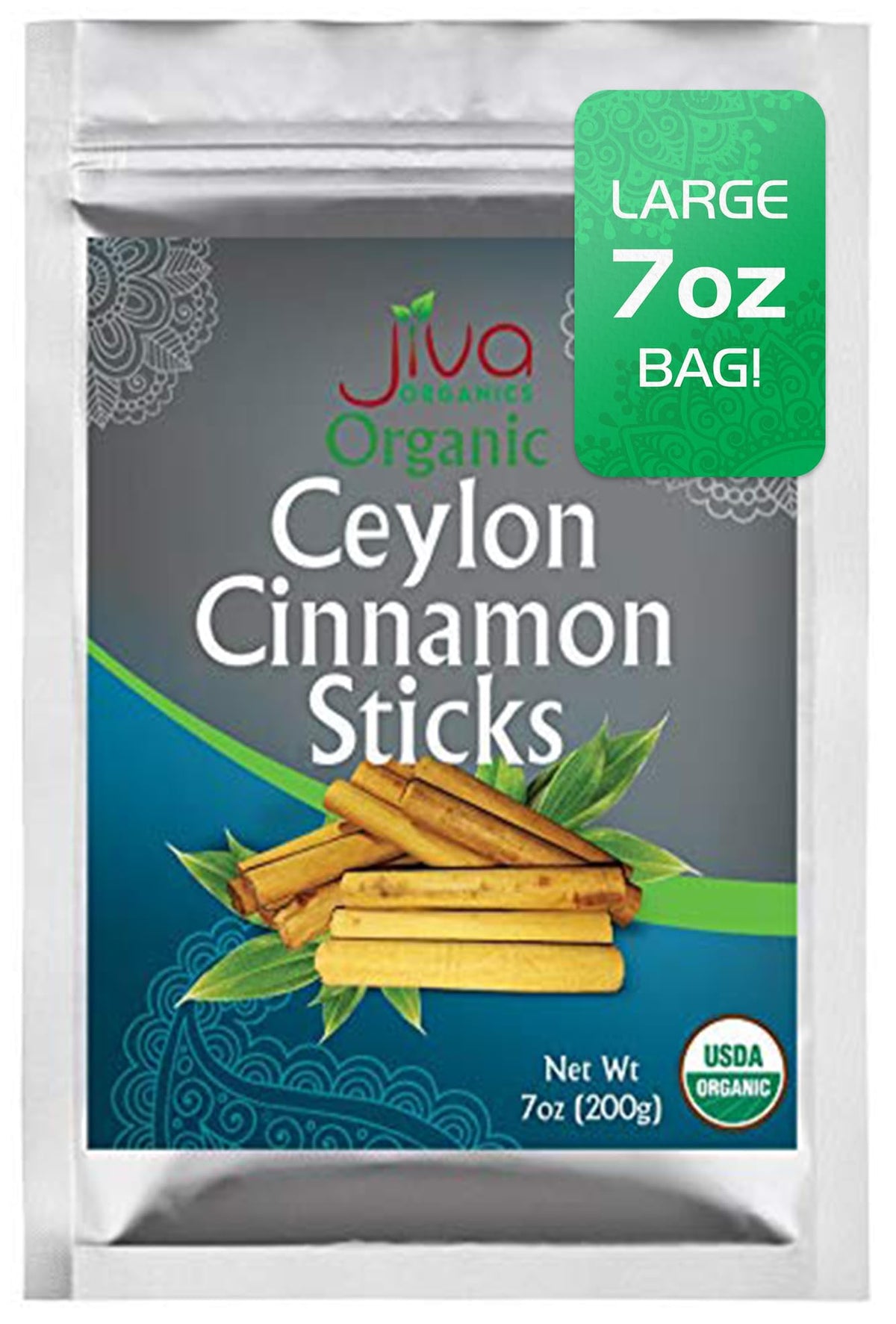 Jiva Organics Ceylon cinnamon sticks in a 7 oz bag ready for baking and brewing.