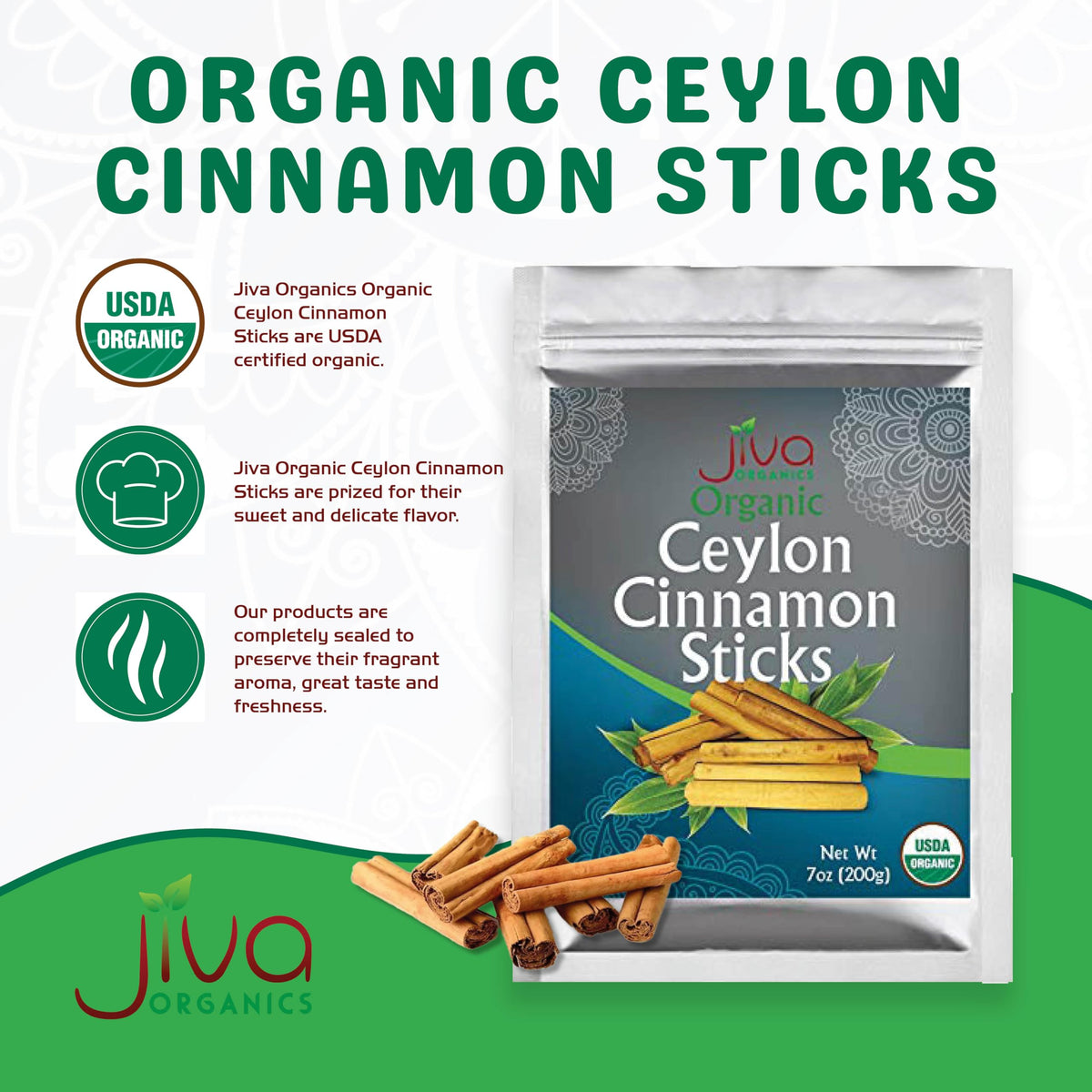Jiva Organics close-up of cinnamon sticks highlighting warm, fragrant aroma.