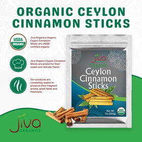 Jiva Organics close-up of cinnamon sticks highlighting warm, fragrant aroma.
