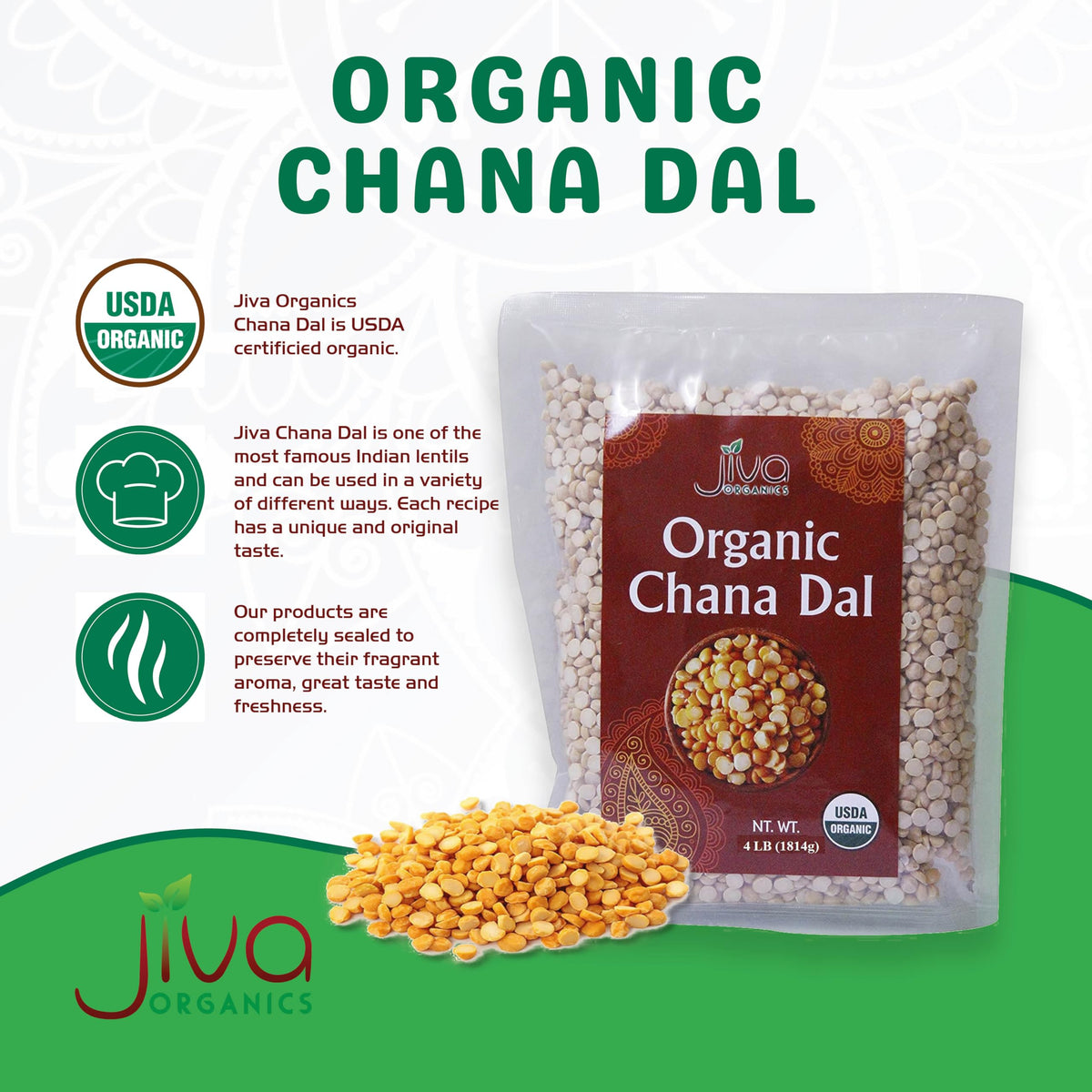 Jiva Organics Chana Dal bag back label showing certifications and origin from organic farms in India
