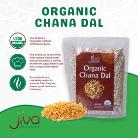Jiva Organics Chana Dal bag back label showing certifications and origin from organic farms in India