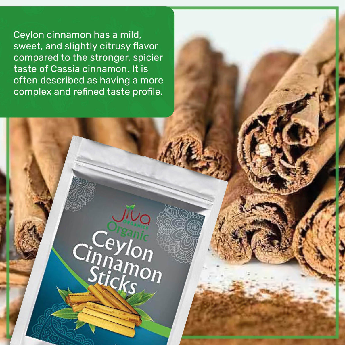 Jiva Organics cinnamon sticks in a tea cup offering natural spice for beverages.