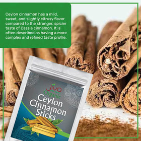 Jiva Organics cinnamon sticks in a tea cup offering natural spice for beverages.