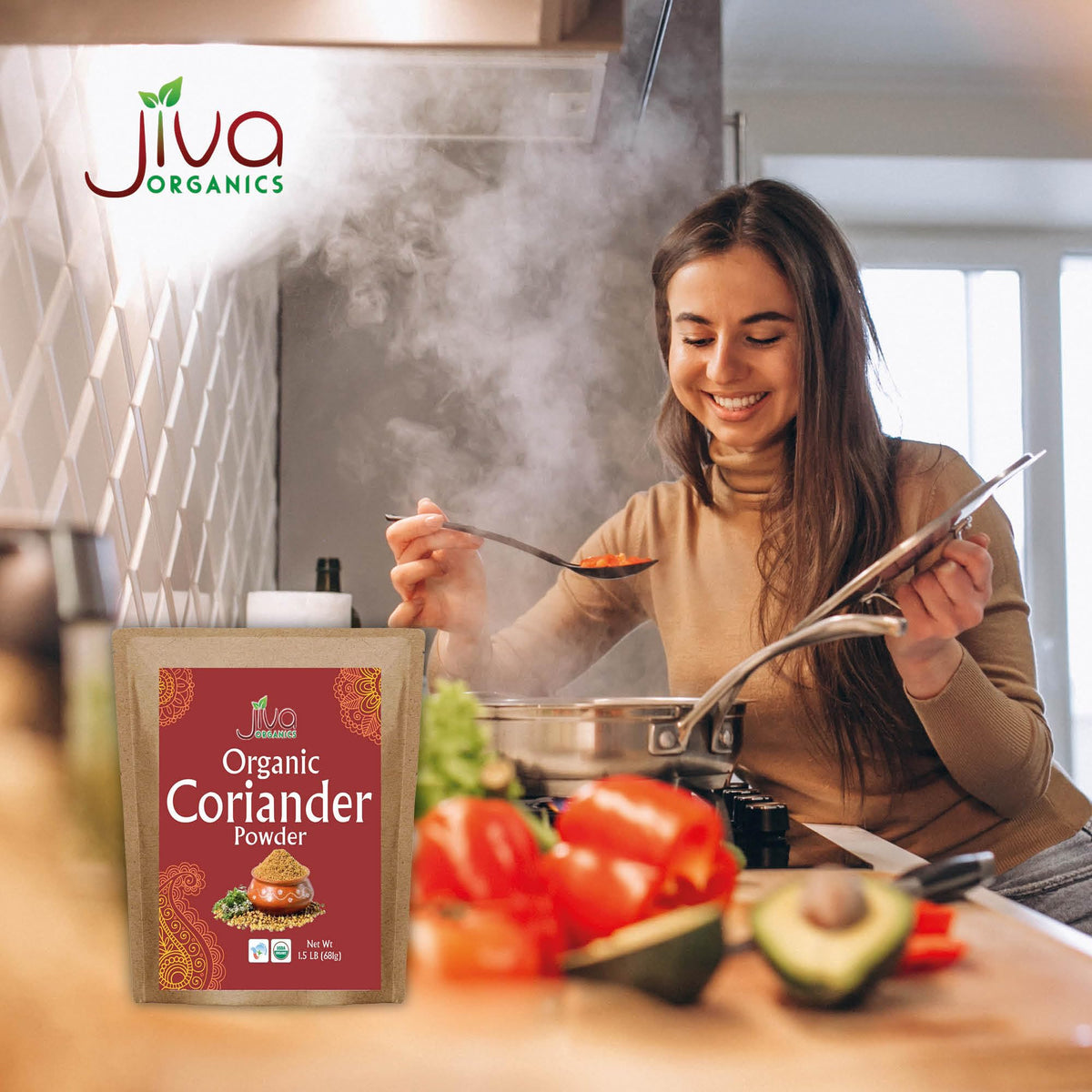 Jiva Organics coriander powder on the kitchen counter for versatile culinary use