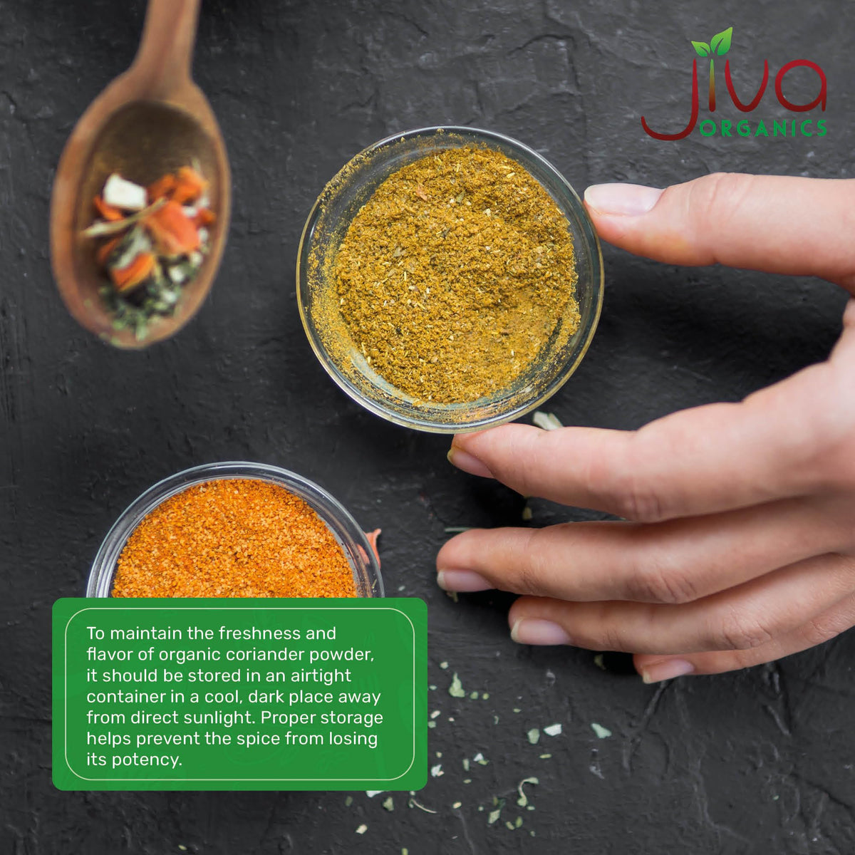 Jiva Organics coriander powder with measuring spoon demonstrates easy portioning