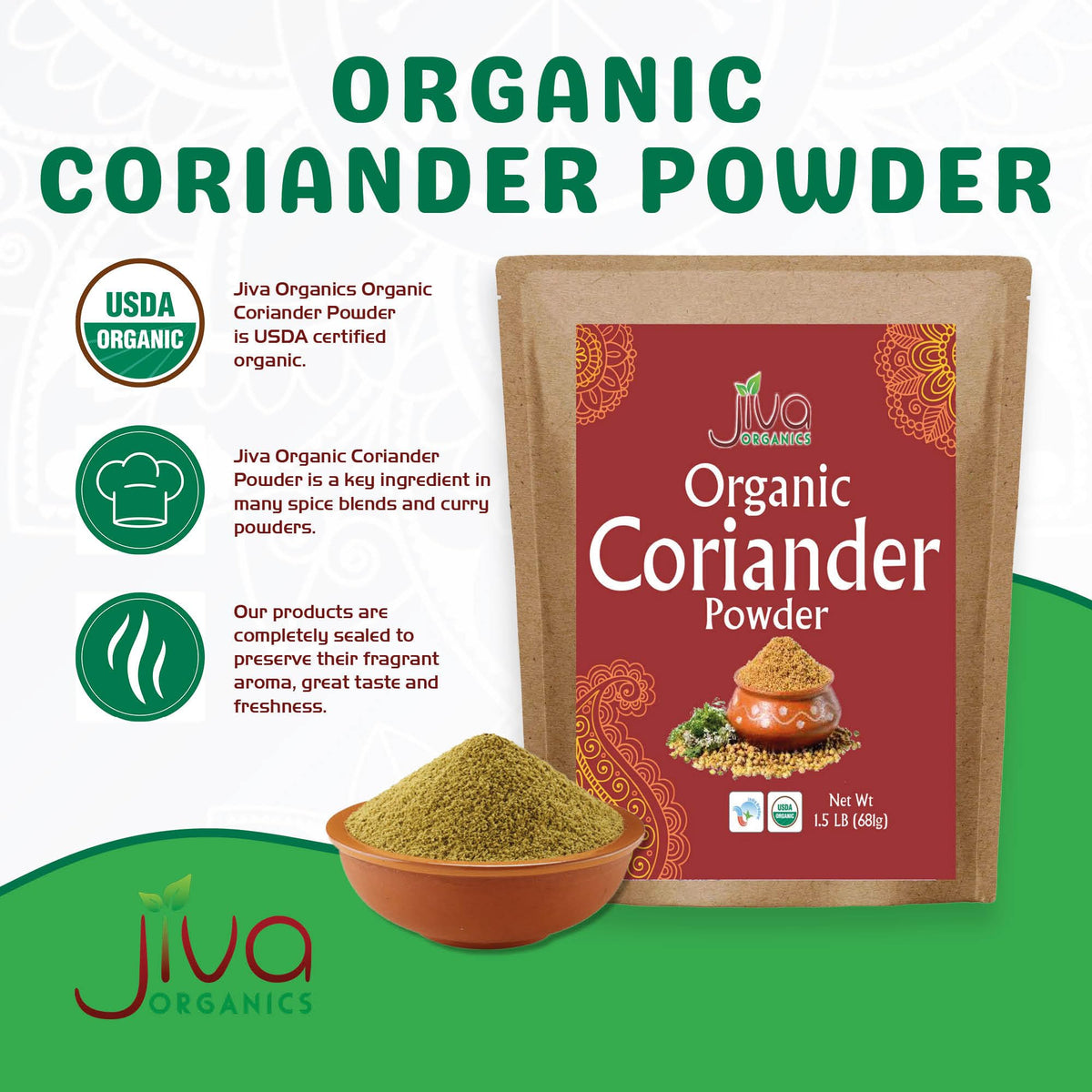 Jiva Organics coriander powder rich aroma enhances curries and soups