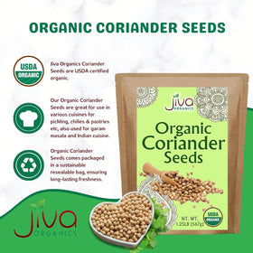 Close-up of whole coriander seeds showing color and texture from Jiva Organics