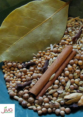 Pouring Jiva Organics coriander seeds for quick seasoning and fresh aroma