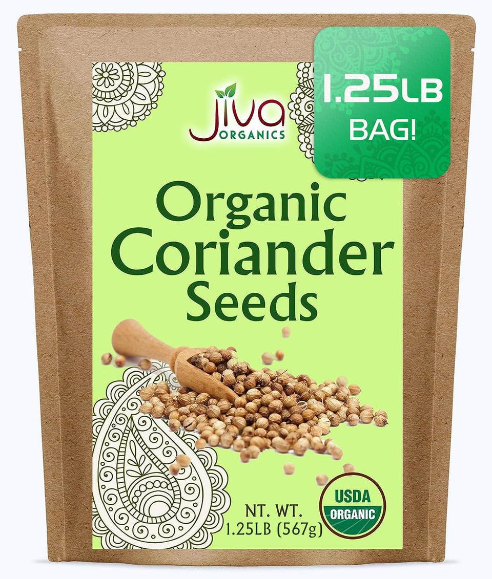 Jiva Organics coriander seeds in a bulk bag for pantry staples and long-term flavor