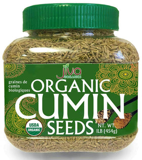 Jiva Organics cumin seeds in a jar, close-up, vibrant aroma for everyday cooking.